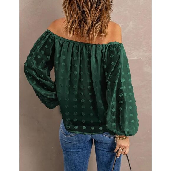 Chiffon Green Off The Shoulder Pom Pom Swiss Dot Lantern Sleeve Tunic Top Sz S - Picture 2 of 5